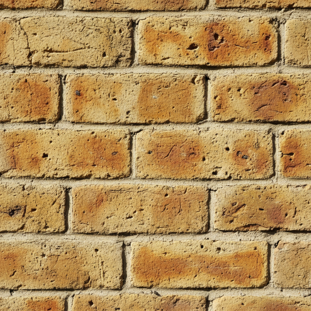 Victorian London stock bricks in buff-yellow with amber fire flash, showing original texture and firing blush