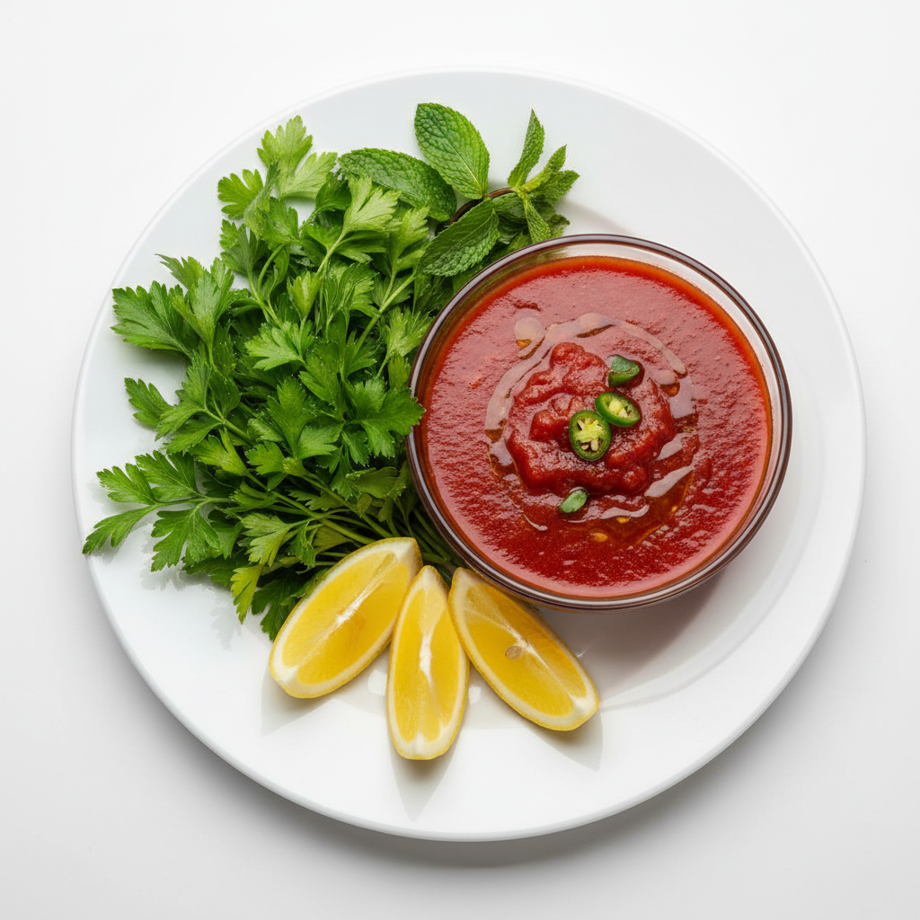 Fresh herbs and lemon wedges arranged beside a bowl of daqoos tomato sauce