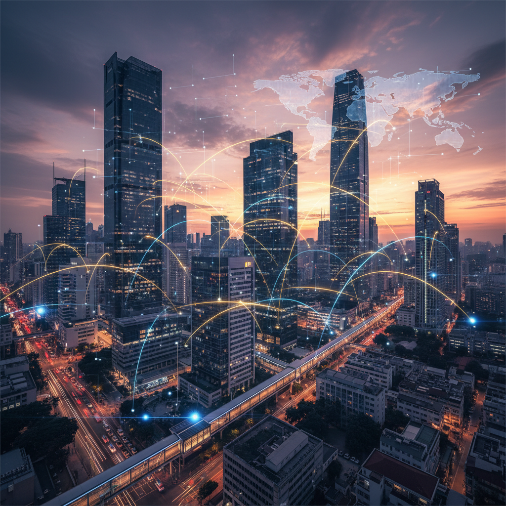 Global financial district skyline representing cross-border M&A activity