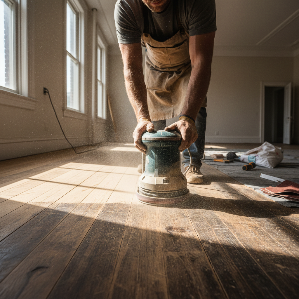 Craftsman sanding and restoring original timber window frames and wooden skirting boards