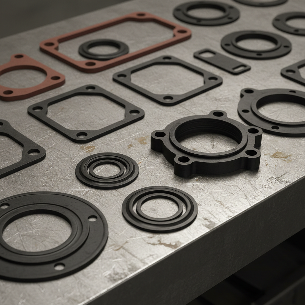 Precision rubber gasket components laid out on dark metallic industrial surface