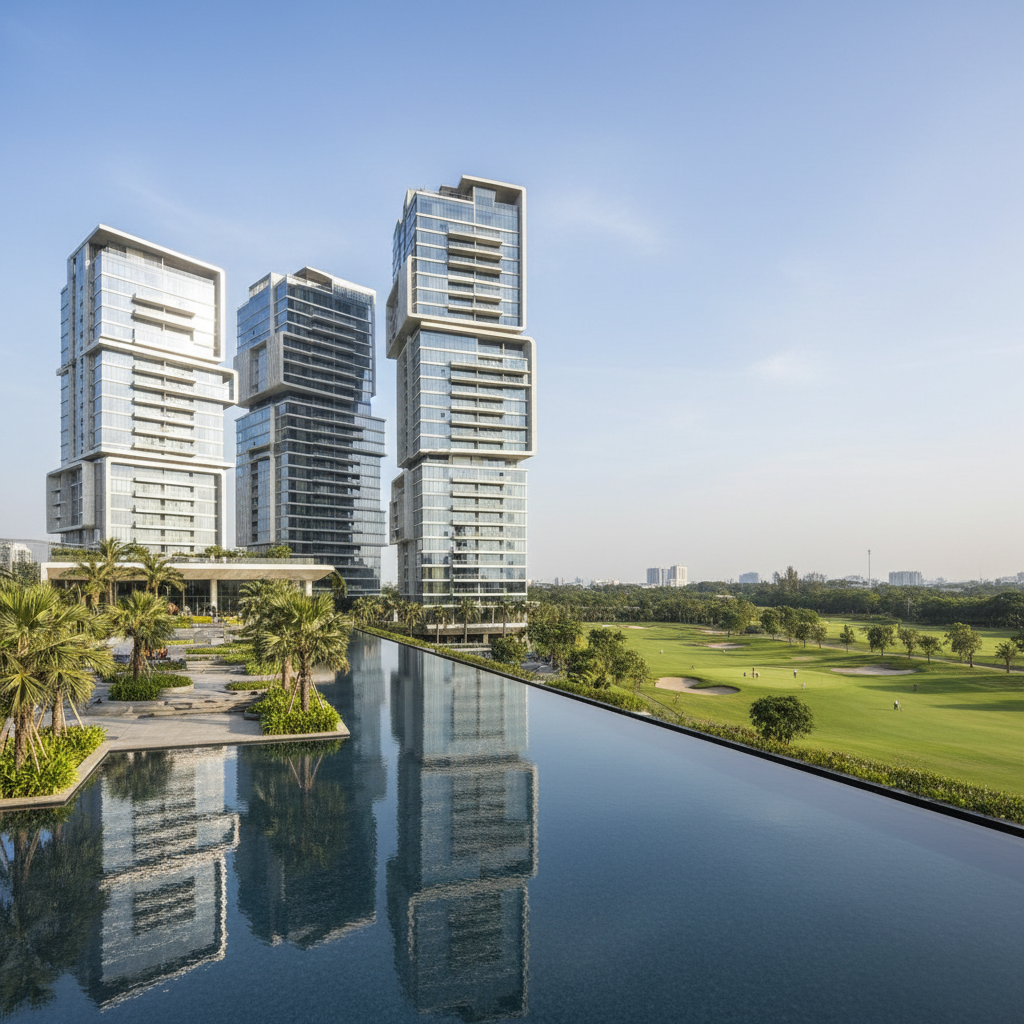 Luxury high-rise residential complex with rooftop pool and city views at Godrej Meridien Gurugram