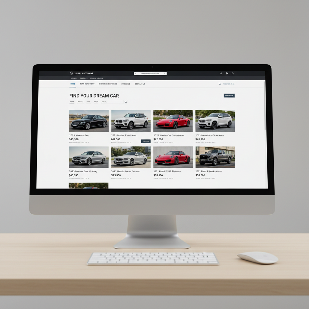 Clean dealership website mockup showing vehicle inventory grid on desktop browser