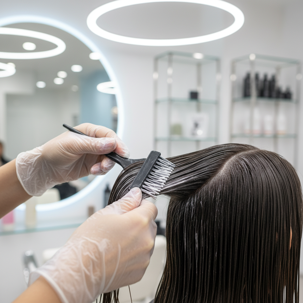 Salon professional styling dark hair in dimly lit studio, deep shadow background, atmospheric low-key lighting
