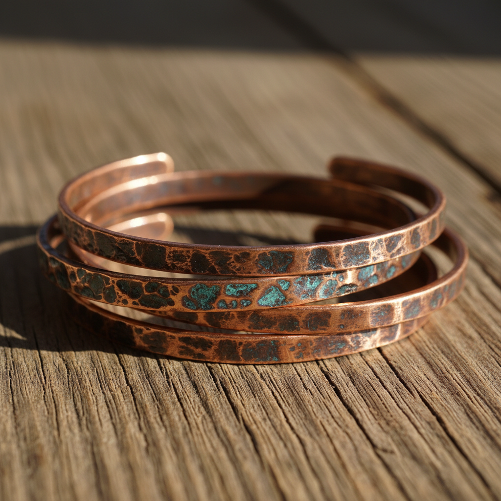Set of handformed copper bangles with hammered texture on wooden surface