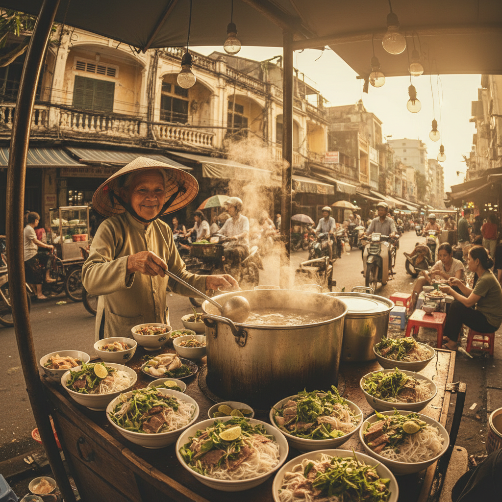 Vintage sepia photo of a Saigon street stall with grandmother serving pho from a giant pot
