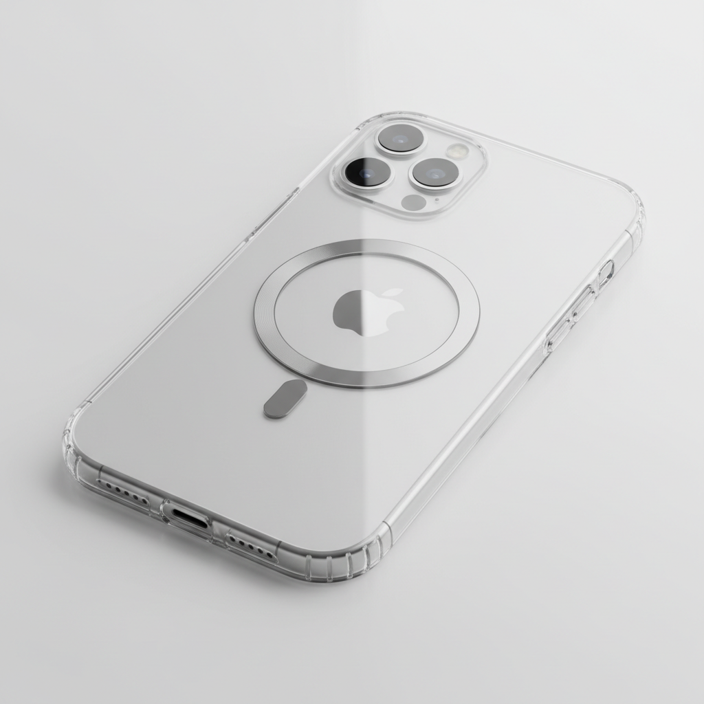Clear iPhone MagSafe case showing phone design through transparent protective shell