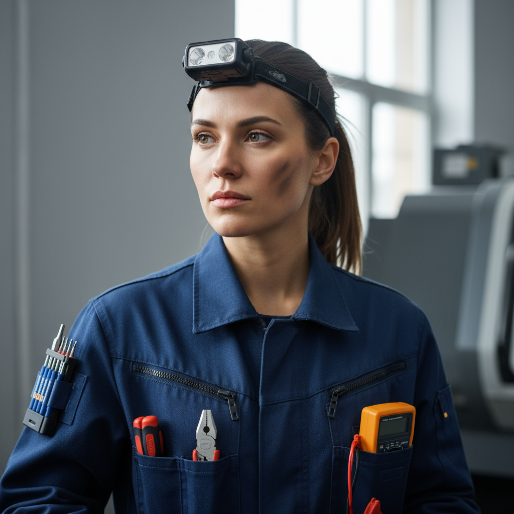 Portret van een technisch specialist in werkuniform, professionele omgeving op de achtergrond