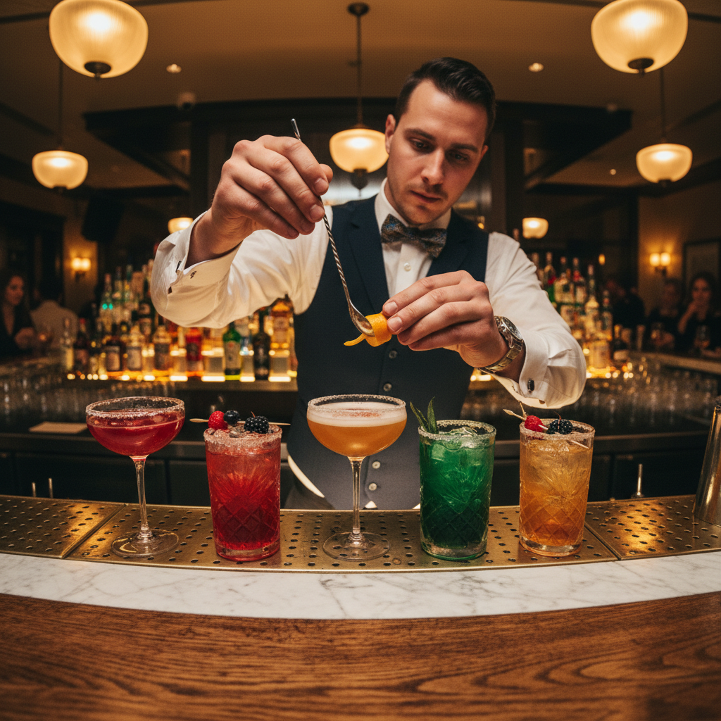 Skilled bartender mixing colorful cocktails at a busy nightclub bar