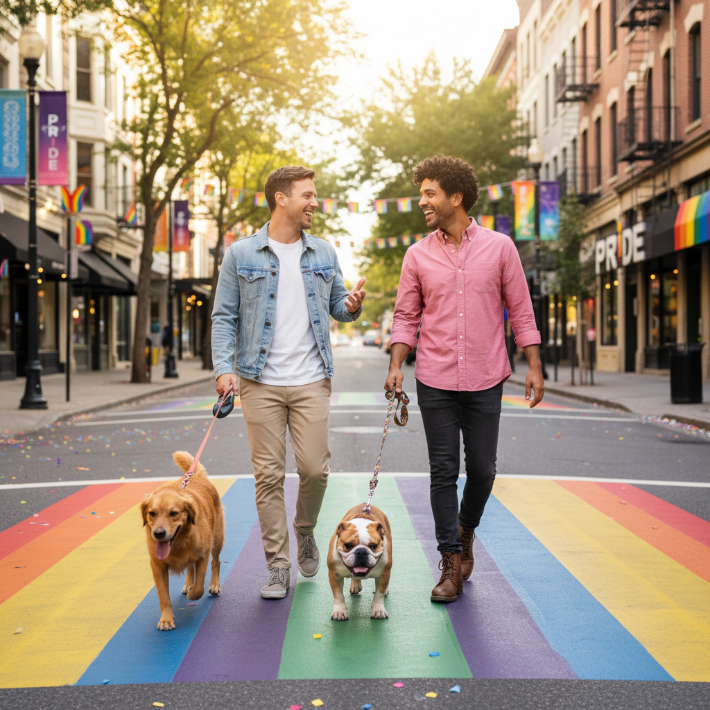 Two gay men walking their dogs together on Wilton Drive with rainbow crosswalk and pride decorations
