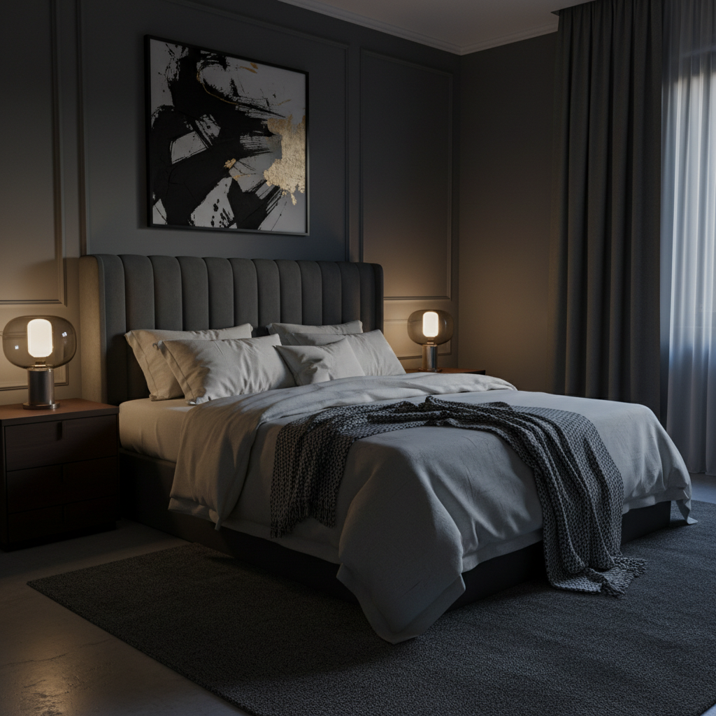 Elegant bedroom interior with deep shadows, warm ambient lighting, dark wood walls and plush bedding