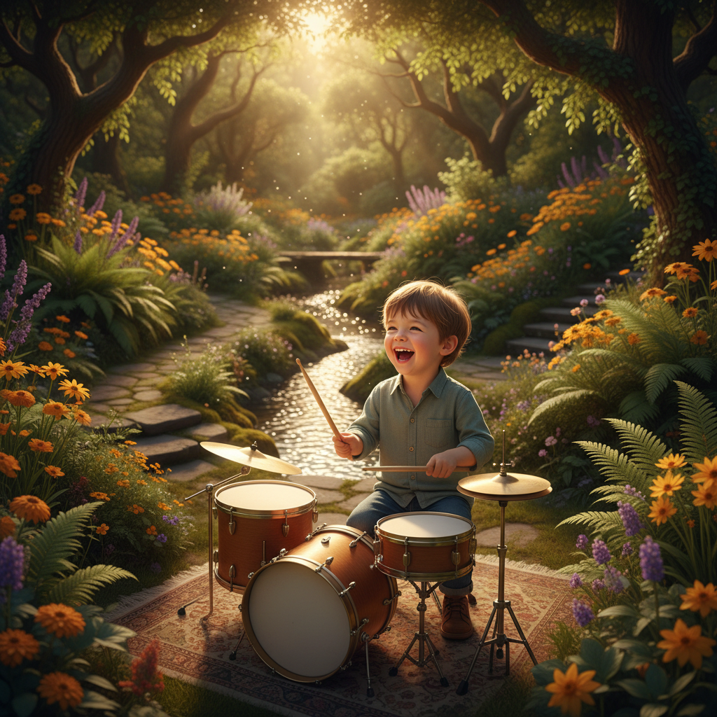 Child playing drums in a garden setting with warm light