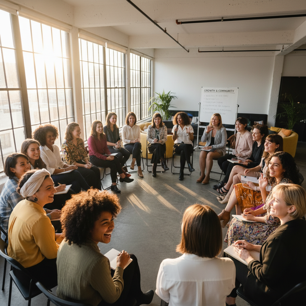 African women in colorful attire engaged in group training session, bright natural light, expressions of focus