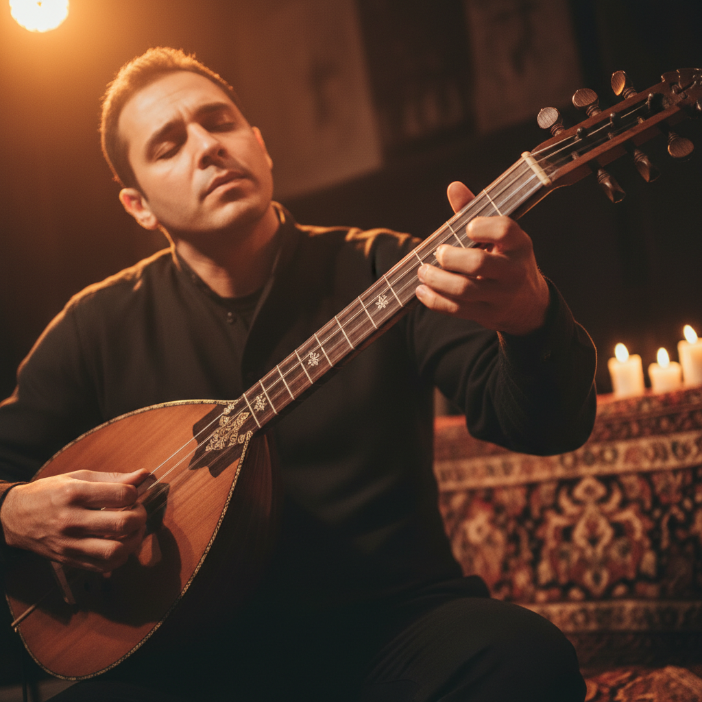 Traditional Balkan folk musician in warm amber light playing string instrument, dark atmospheric background