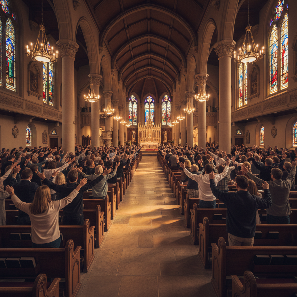 Congregation in prayer with bowed heads in warmly lit church interior