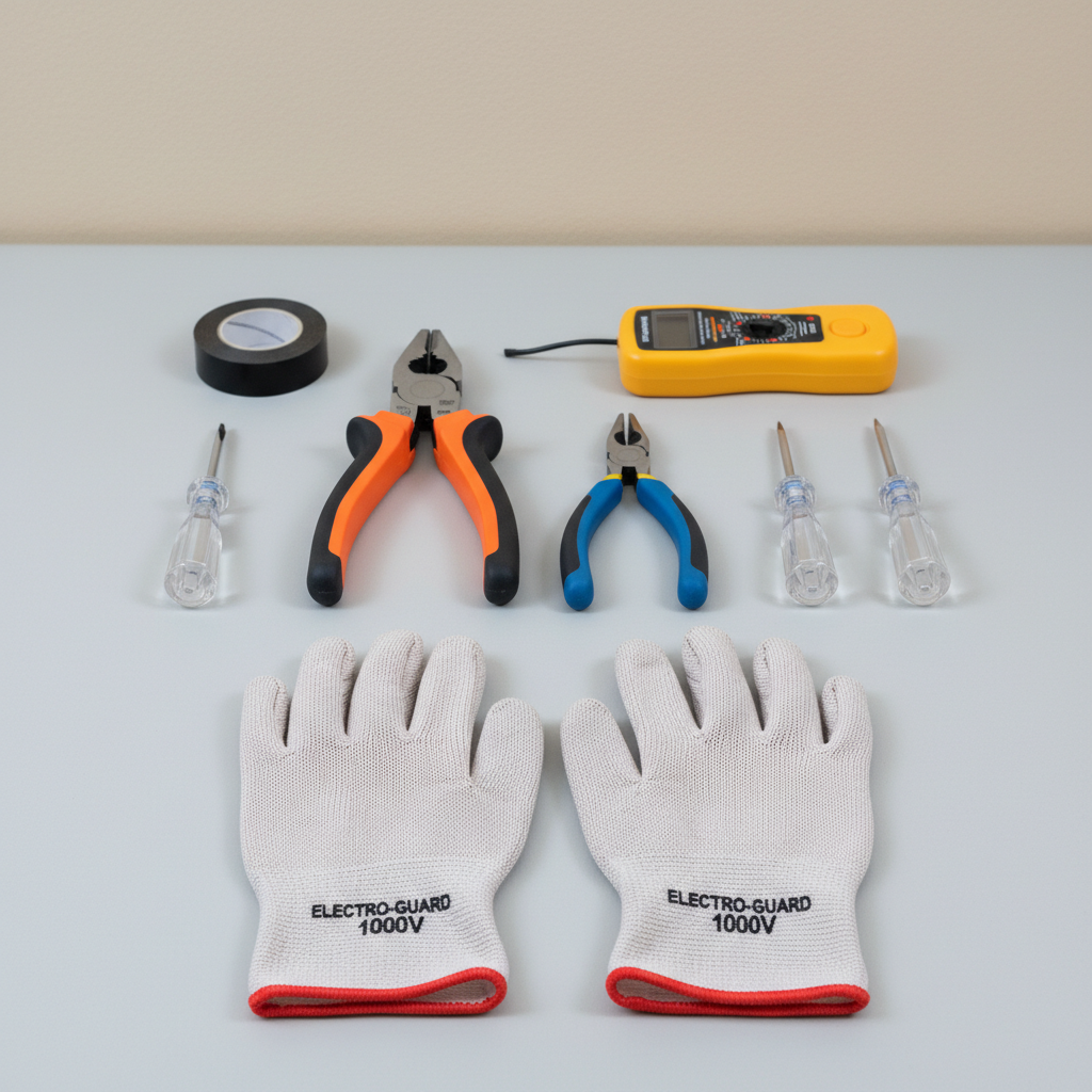 Assorted safety gloves and PPE accessories arranged on dark surface, studio product lighting