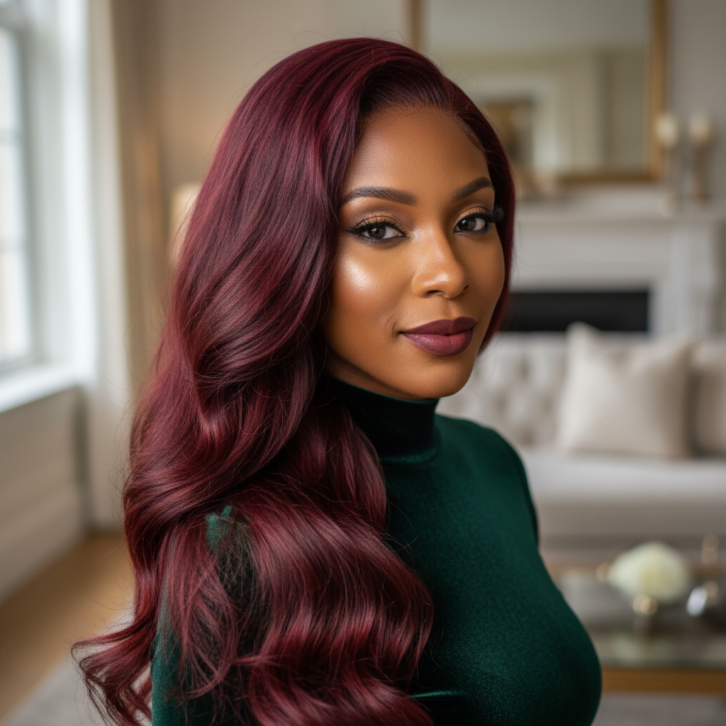 Black woman with long flowing sew-in weave hairstyle, dark atmospheric background, low-key dramatic lighting