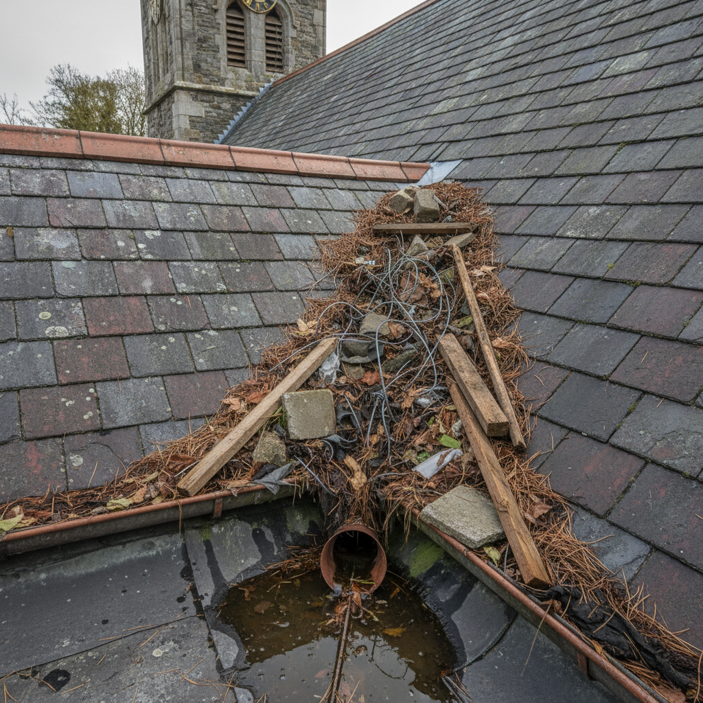 Church roof drainage blocked with construction debris and accumulated leaves