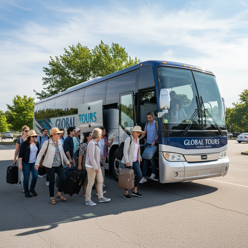 Bus rental service for church group transportation, passengers boarding a charter bus