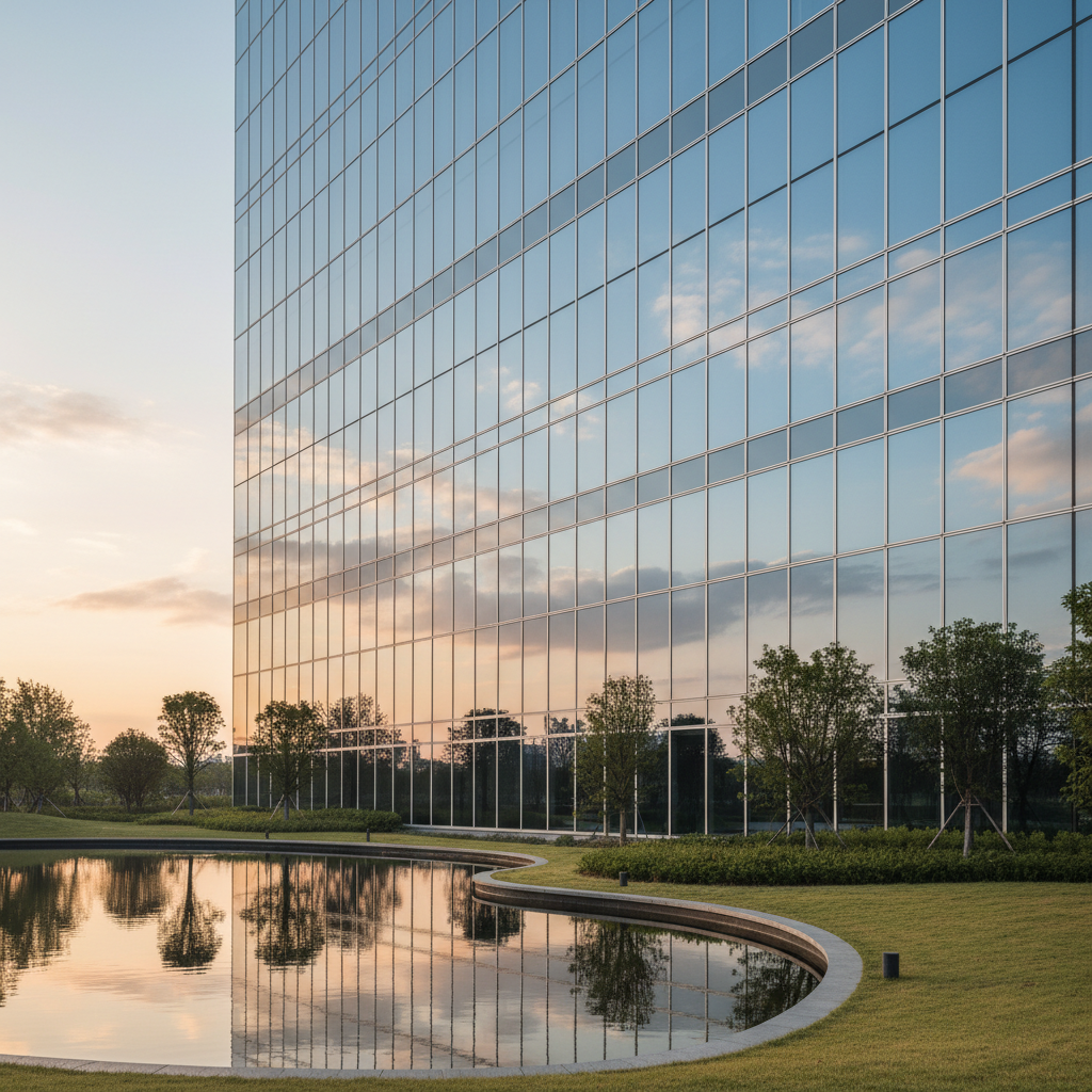 Finished curtain wall with triple-pane glass reflecting morning sky, tight mullions and invisible sealant lines