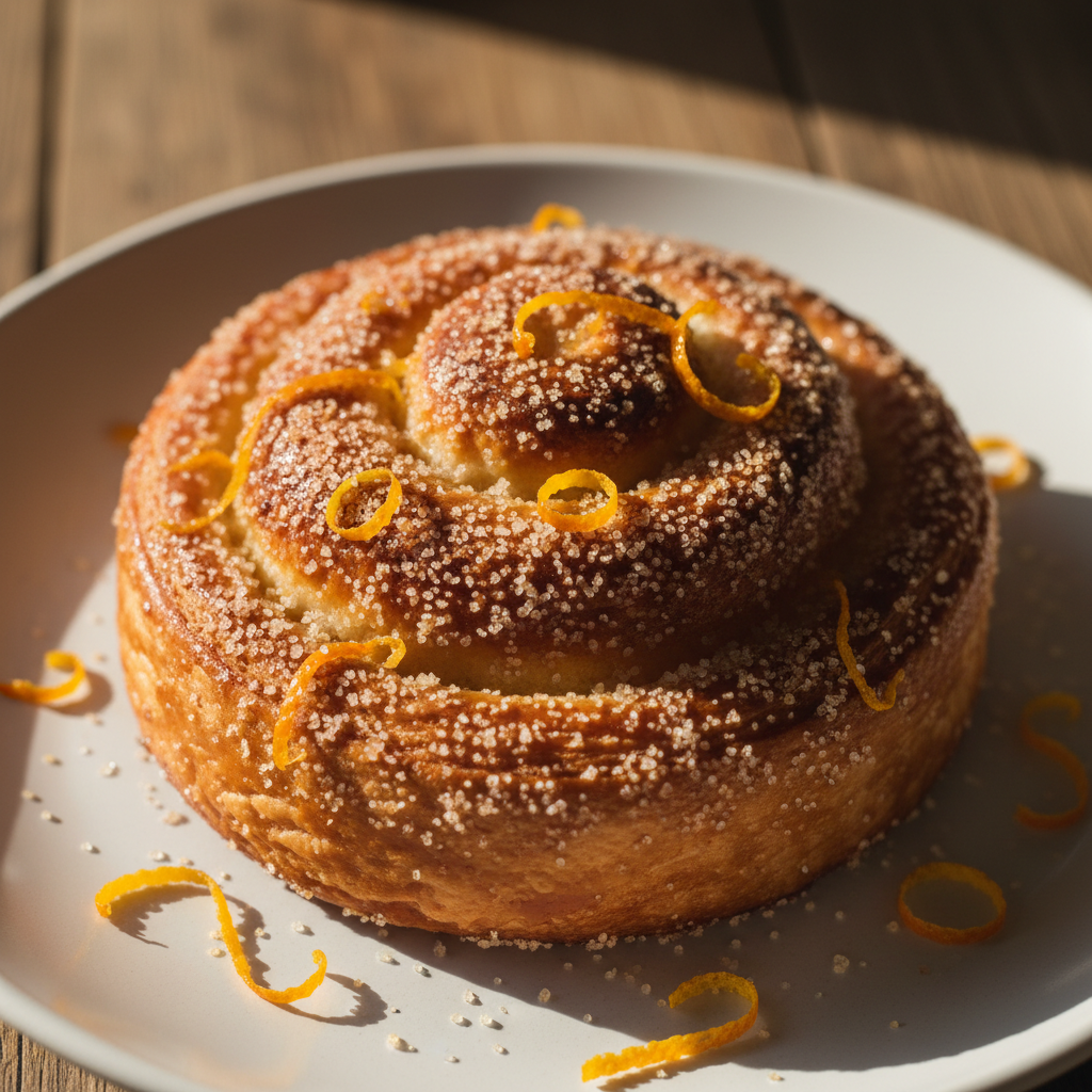Spiral morning bun dusted in cardamom sugar on a white plate with orange zest garnish