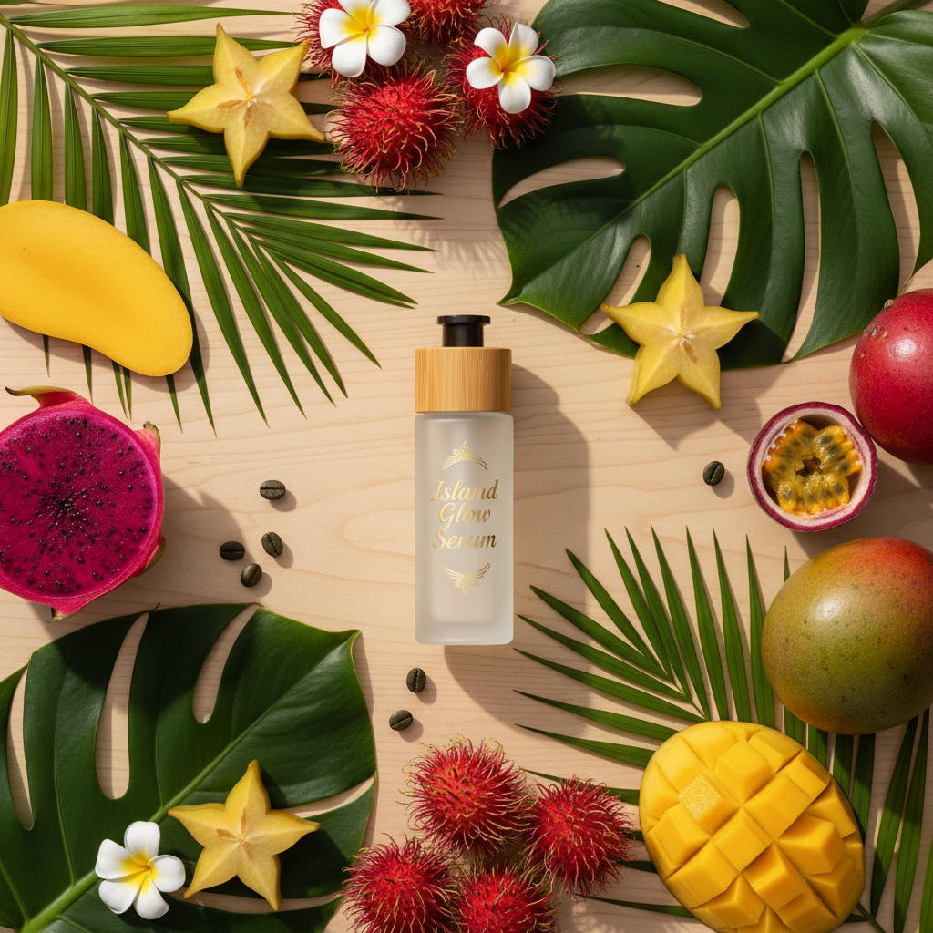 Product surrounded by tropical leaves and fruits in flat-lay arrangement