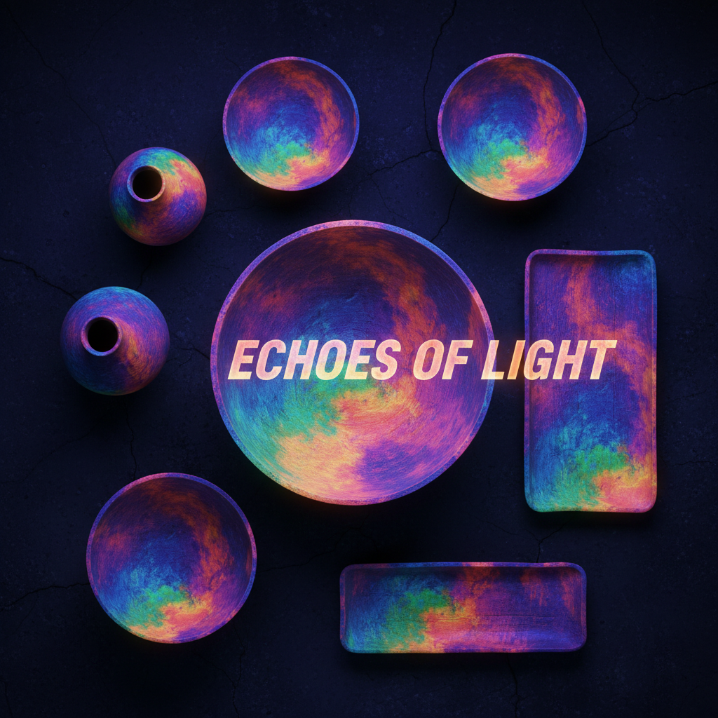 Neon aurora gradient overlay on artisan ceramics flatlay with bold kinetic sans-serif type