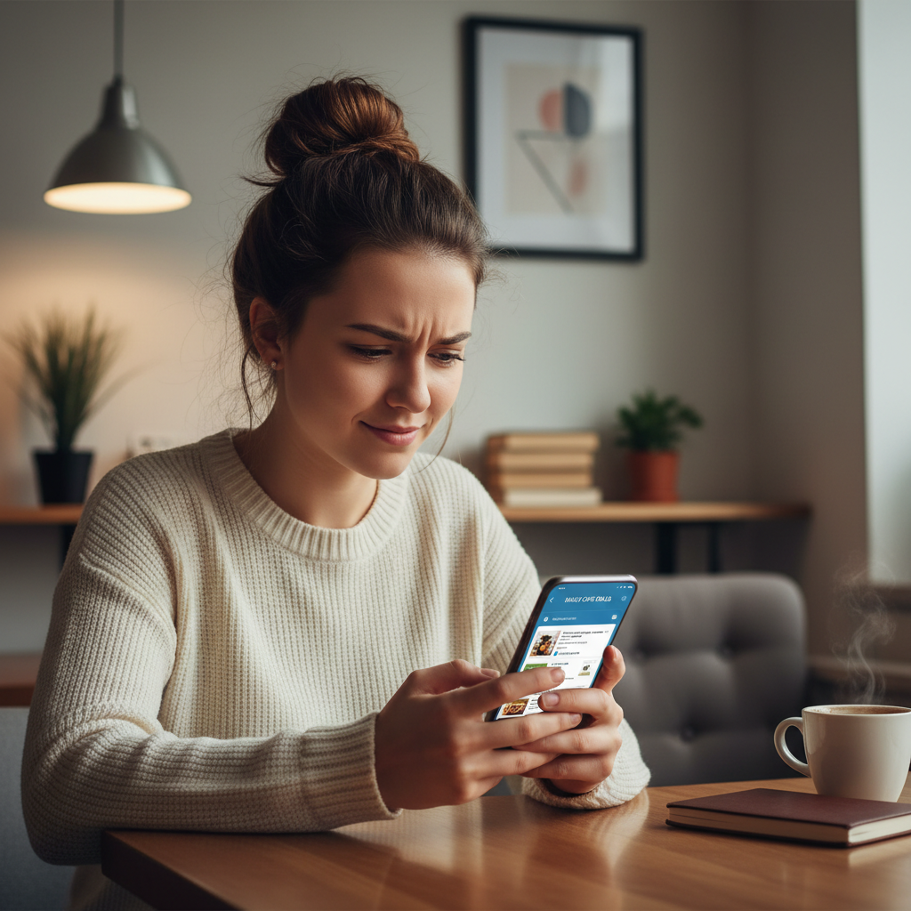 Студент использует Telegram на смартфоне для поиска акций в кафе