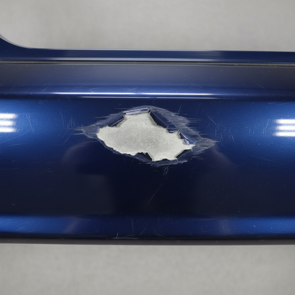 Close-up of Honda Accord rear bumper showing paint scuff with lifted edges and exposed primer, harsh overhead fluorescent lighting