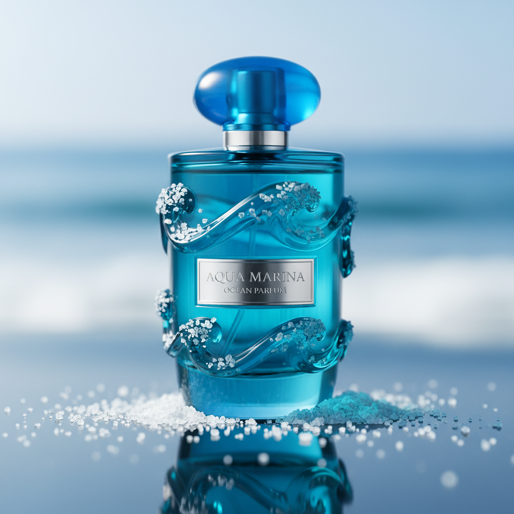 Crystal clear perfume bottle with ocean waves and sea salt crystals