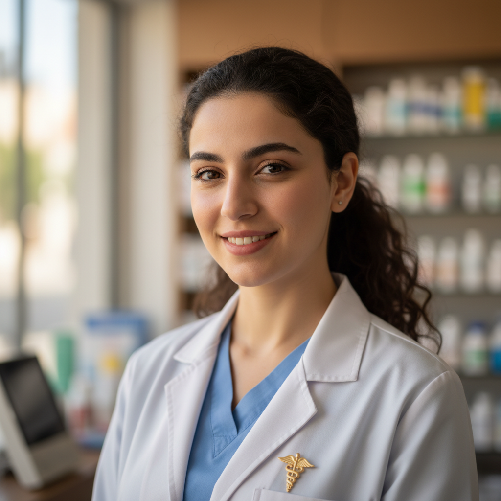 Nour, a Syrian pharmacist, photographed in natural light with a direct, warm gaze