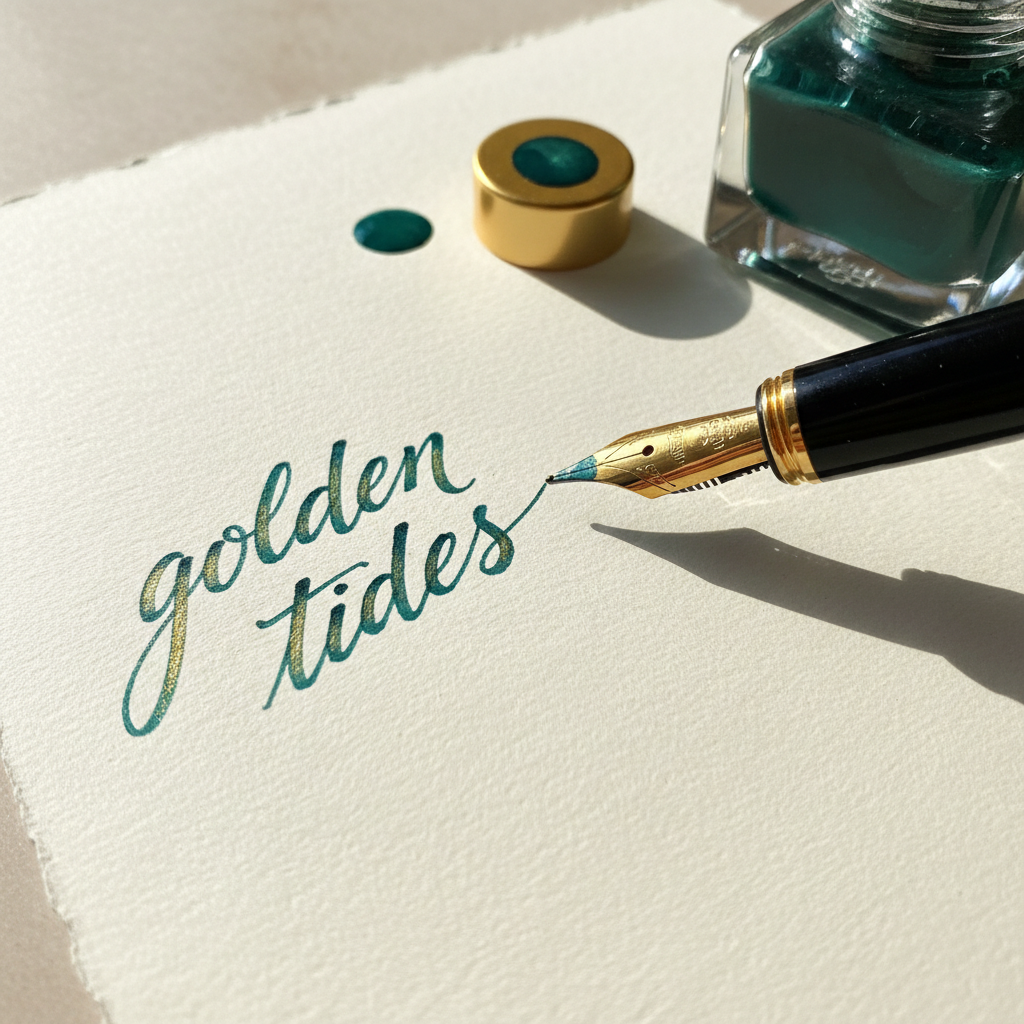 Fountain pen writing with teal-green Sailor ink on cream paper showing gold sheen