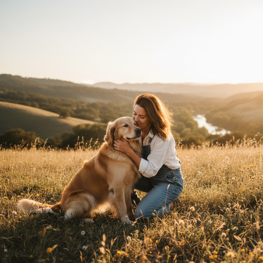 Cão e tutor em ambiente natural aberto, luz de fim de tarde, atmosfera cálida e íntima — o vínculo no coração da LYN Pet