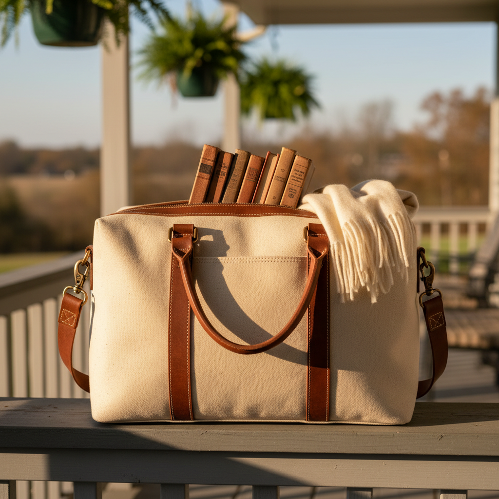 Structured canvas weekender bag sized for a stack of novels and a cashmere wrap, photographed on a porch railing at golden hour