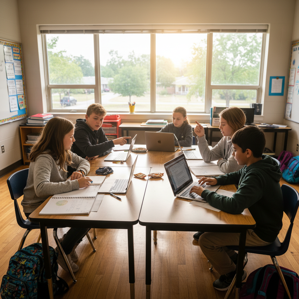 Small group of middle school students engaged in collaborative math learning with attentive teacher