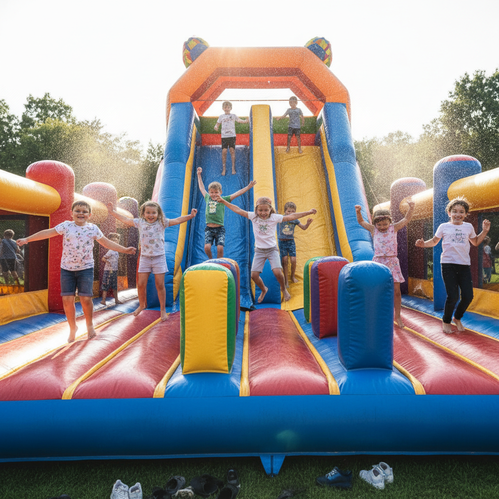 Kids jumping inside an inflatable obstacle course at a school field day event