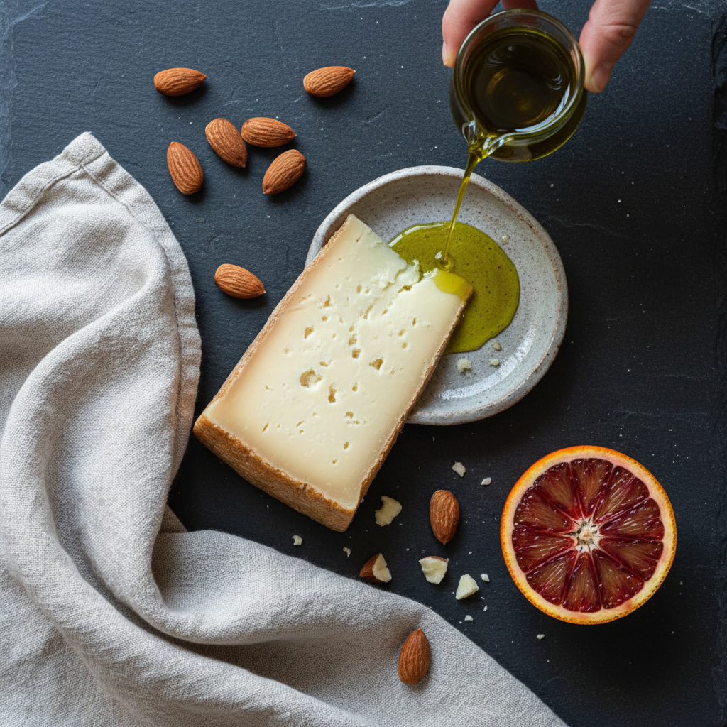 Overhead still-life on dark slate: aged Comté, emerald olive oil, Marcona almonds, halved blood orange, linen napkin