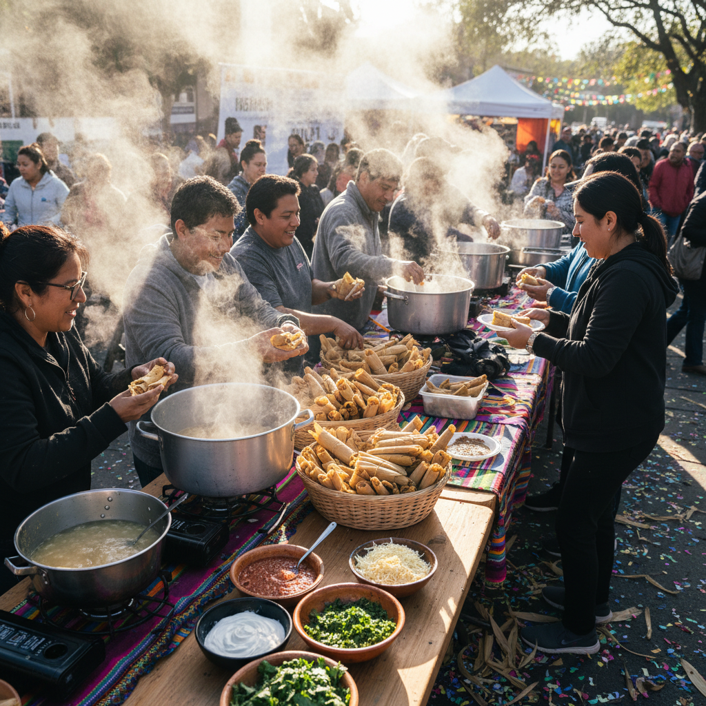 Steam rising from a tamale station at a community gathering