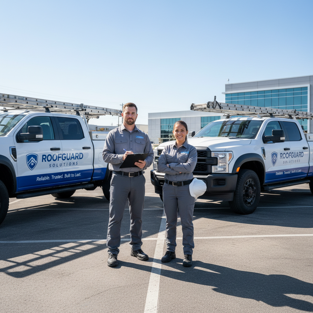 Nathaniel and Brianna Osei, roofing company co-owners in professional attire standing in front of their company vehicles