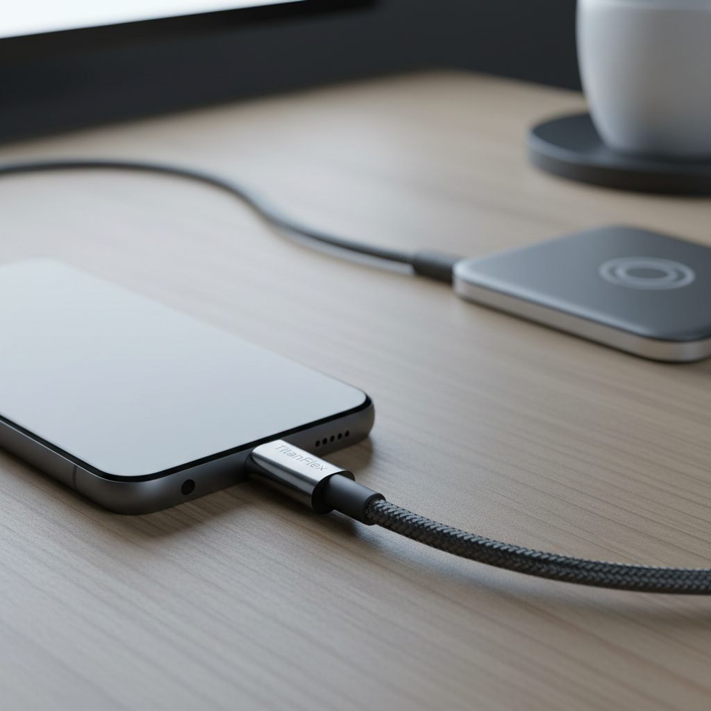 USB-C charging port flex cable on dark workshop surface