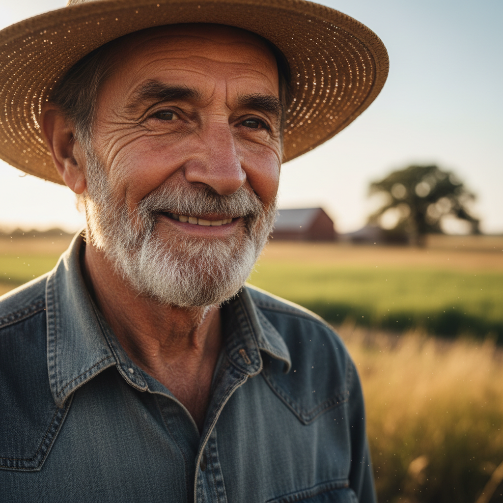 Mentor farmer portrait, warm natural light, outdoors