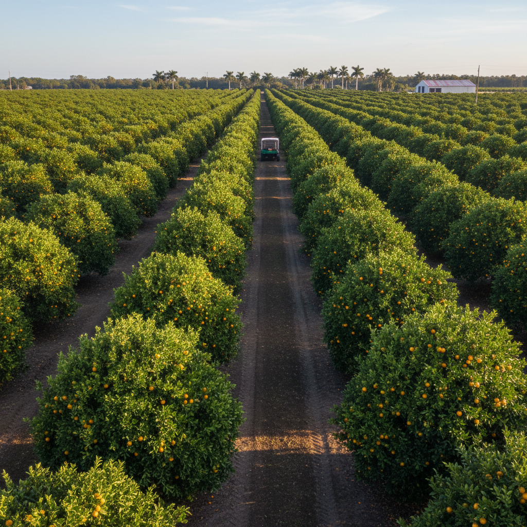Well-maintained commercial Florida citrus grove with clear rows, organized canopies, and accessible equipment lanes in morning light