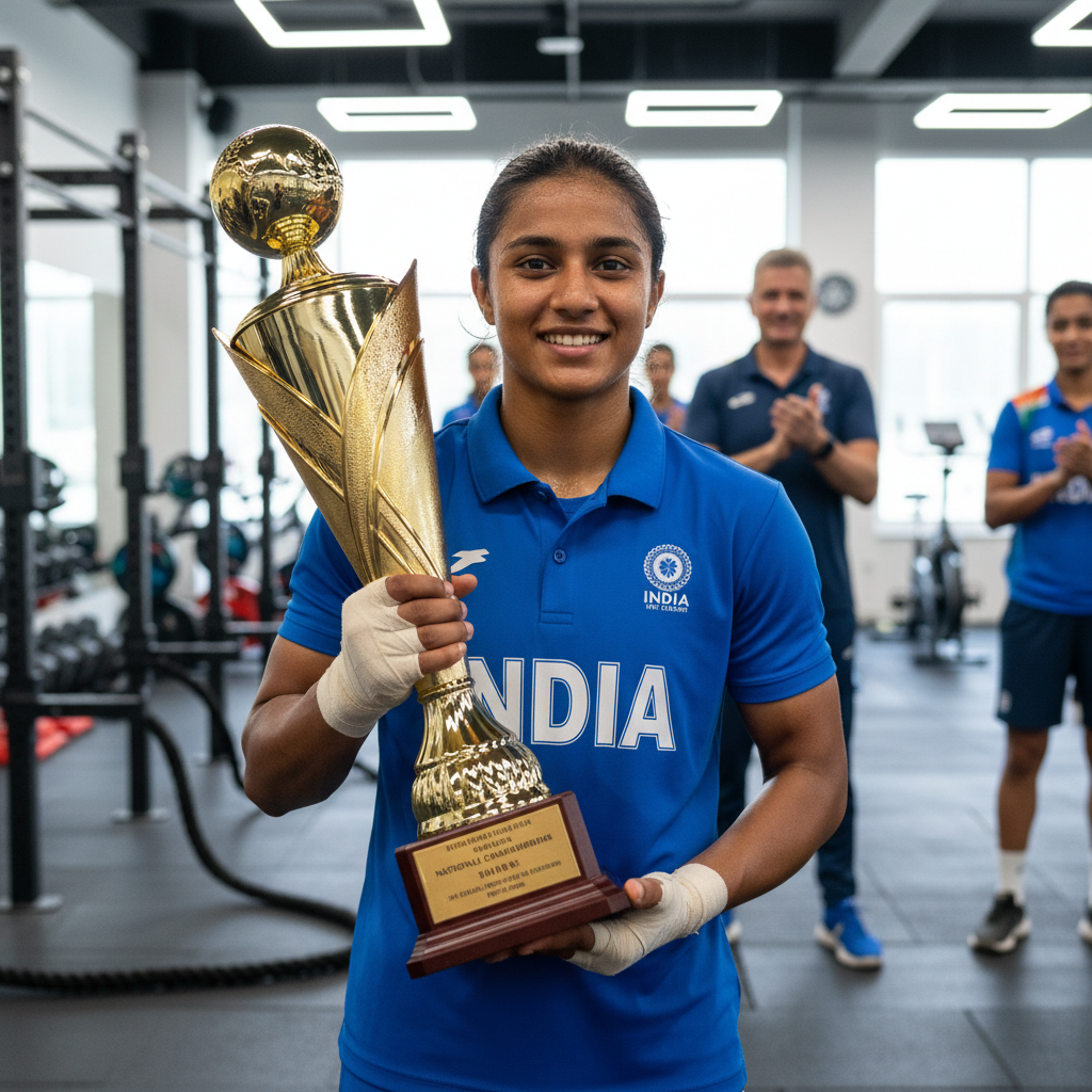 Young female athlete in track uniform with medal and trophy