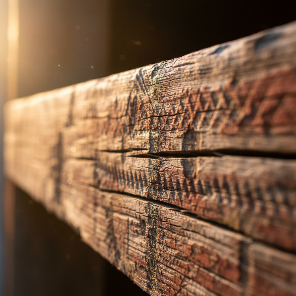 Close-up of weathered barn beam with hand tool marks, warm light across the grain