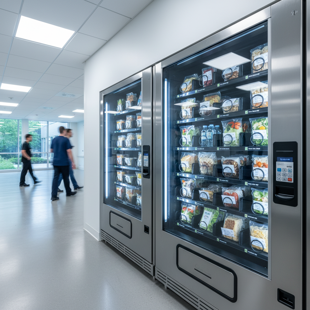 Modern snack vending machine with colorful product display in bright office hallway, blue-tinted lighting