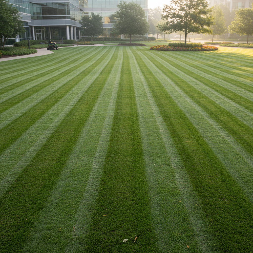 Freshly mowed bright green lawn with clean straight cutting lines, suburban Durban property, sunny afternoon