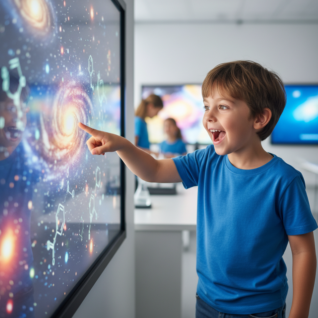 Boy pointing at science animation on screen with mouth open in excitement