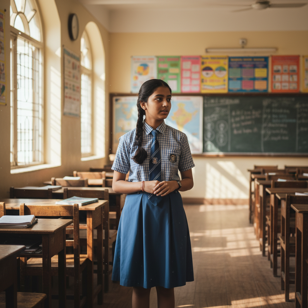 Young Indian schoolgirls in bright uniforms studying together in a classroom, cheerful learning environment, natural lighting