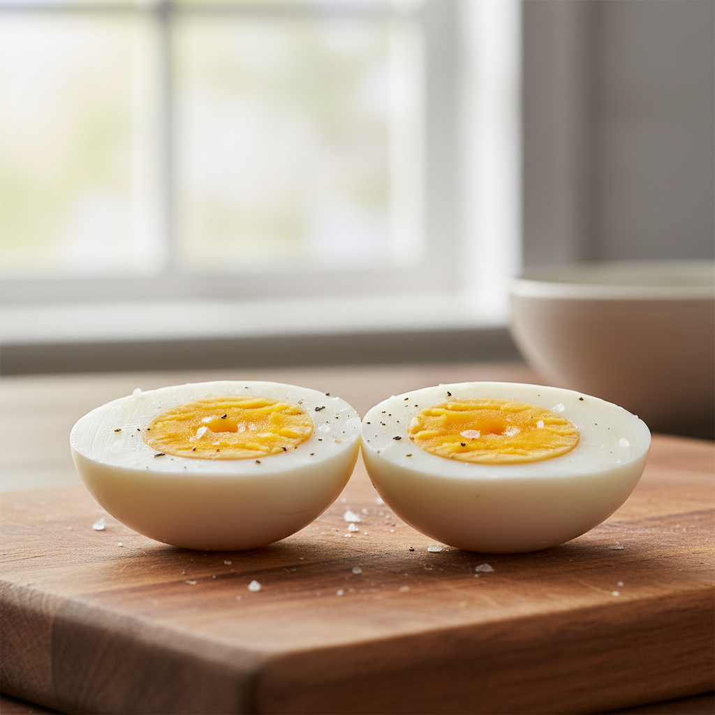 Half boiled egg with runny golden yolk seasoned with black pepper
