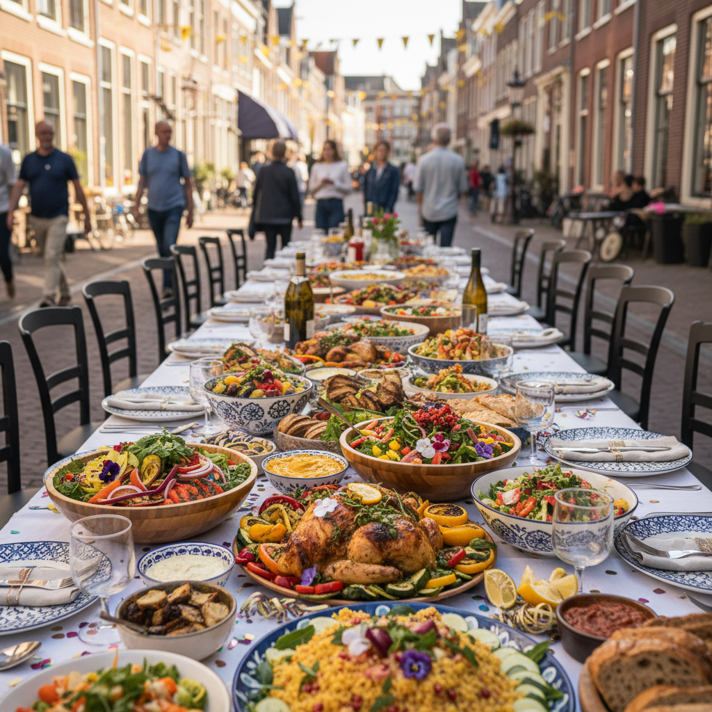 Volle borden op een feesttafel in Den Haag Schilderswijk